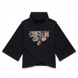 Custom Black Beaded Embroidery Patch Sweatshirts Women Cowl Collar Hoodies Wide Sleeve Crossover <b>Wrap</b> Hem Loose Fleece Top OEM - Product Image 3