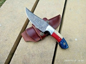 Handmade Industrial Damascus Steel Hunting <b>Knife</b> With Colour <b>Bone</b> <b>Handle</b> and Leather Sheath for Outdoor Camping - Product Image 2