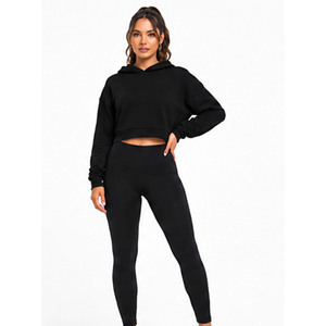 Sweat-shirt à capuche court pour femme, couleur unie, manches longues, décontracté, pour l'automne, respirant, en tricot de coton et élasthanne, manches complètes - Product Image 1