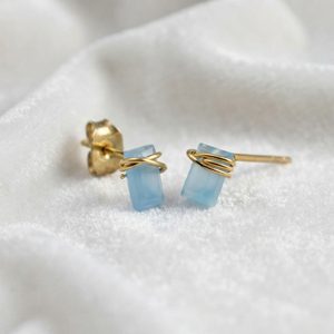 Wire Wrapped Ruby <b>Stud</b> <b>Earrings</b> 6x4mm Light <b>Blue</b> Brass Gold Plated Minimalist Women's Jewelry - Product Image 1