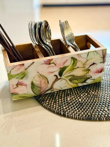 New grey Cutlery Holder Mangowood <b>Utensils</b> <b>Storage</b> Organizer Countertop for Silverware Fork Spoon Spatula - Product Image 3