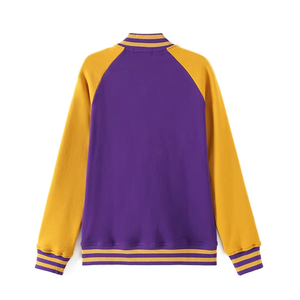 Chaqueta Varsity Morada y Dorada para Hombre, con Cierre Frontal, Bloques de Color, Estilo Béisbol Casual, Cuello Alto, Corte Regular, Material de Felpa - Product Image 2