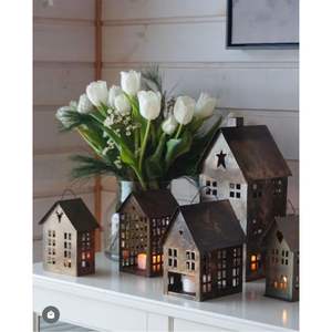 Vintage White Metal House Candle Holder <b>Set</b> Rustic Galvanized Iron <b>Lantern</b> Christmas Village Tabletop Home Decor Centerpiece - Product Image 2