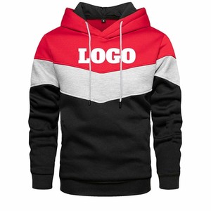 เสื้อฮู้ดดี้ผู้ชายแบบสั่งทำ OEM สีตัดต่อ แขนยาว มีเชือกผูก ฮู้ดสไตล์สตรีทแวร์ สีแดง เทา ดำ พิมพ์โลโก้ด้านหน้า - Product Image 1