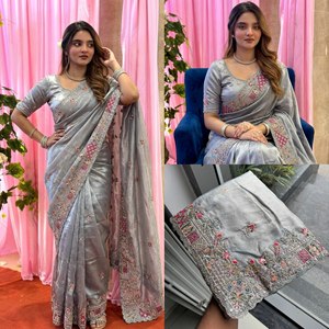 Indian Trending Beautifully Designed <b>Saree</b> Heavy Silk With Handwork Chocolate Lady <b>Saree</b> for Party and Fully <b>Stitched</b> - Product Image 4