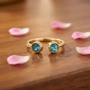 Wholesale Minimalist Style Jewelry Sky Blue <b>Quartz</b> Bezel Setting Double Stone 18k Gold Plated Brass Statement Stylish Fancy <b>Ring</b> - Product Image 1