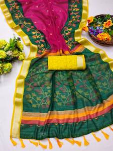 Tela suave y lisa a la moda para mujer, estampado Digital, color precioso, pallu, trabajo, Sari de longitud larga con pieza de blusa en contraste - Product Image 5