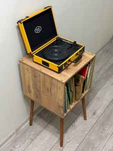 Meuble de rangement pour tourne-disque en bois massif de luxe, style mid-century modern, avec étagère de rangement pour disques vinyles, pour salon - Product Image 3