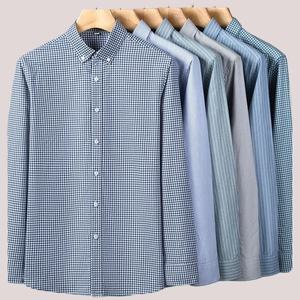 Camisa de vestir formal de negocios para hombre, 100% algodón Oxford, a rayas, a cuadros, de color sólido, resistente a las arrugas, de manga larga y con botones. - Product Image 1