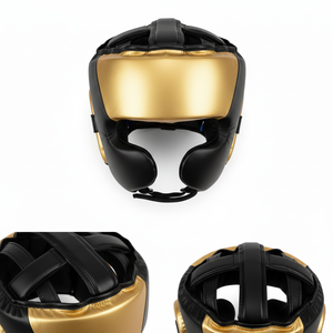 หมวกป้องกันศีรษะสำหรับชกมวย Five B Black Golden Luxury พร้อมแผ่นปิดหน้าใส ปิดด้วยแถบตีนตุ๊กแก ผลิตจากหนัง PU คุณภาพสูง กันน้ำ ระบายอากาศได้ดี - Product Image 1