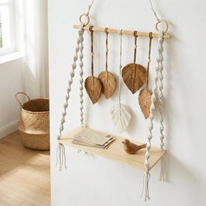 Artistic Handwoven Macrame Leaf Pattern Wall Shelf Organizer For Candles <b>Diffusers</b> And Aroma Accessories Or Daily Essentials - Product Image 1