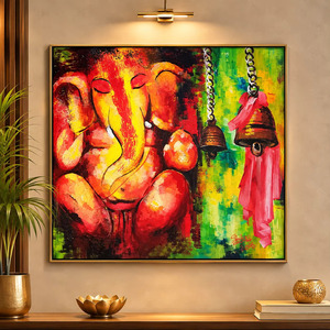 Décoration murale en acrylique traditionnelle Lord Ganesha, art spirituel vibrant pour salon, toile abstraite faite à la main, jaune - Product Image 1