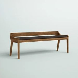 Handcrafted Retro Teak Wood Living Room <b>Bench</b> Integrated with Low Backrest and Leather Cushion Seat - Product Image 1