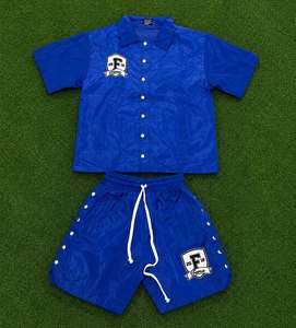 Blue Men's Embroidered Button Down <b>Shirt</b> and Matching Shorts Set Casual Summer Quick Dry Two Piece Beach Outfit Set for Men - Product Image 1