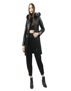 Women's Black Genuine <b>Leather</b> Moto <b>Jacket</b> With Fur Trim Hood Zipper Closure <b>Long</b> Sleeve Winter Style - Product Image 1