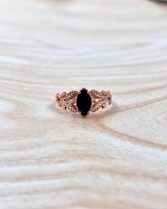 Black Onyx Ring 925 Sterling Silver 14K Rose Gold Plated <b>Leaf</b> Flower Nature Inspired Women Engagement Fashion Jewelry - Product Image 1