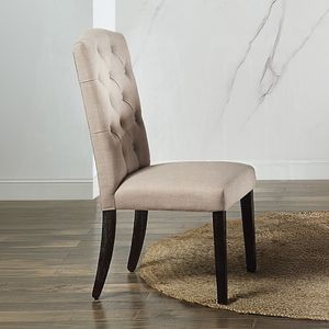 <b>Set</b> of 2 Beige and Weathered Espresso <b>Linen</b> Upholstered Dining Chairs with Tufted Back - Product Image 2