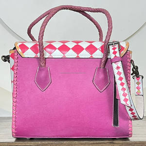 Sac fourre-tout en cuir fait main, rose et blanc à carreaux, élégant sac à main pour femme, sac bandoulière, sac de voyage, sac de travail - Product Image 5