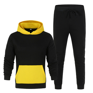 Conjunto Deportivo Unisex con Capucha en Negro y Azul, Sudadera Larga Informal, Pantalones Deportivos con Cordón, Color Sólido, Algodón/Poliéster - Product Image 2