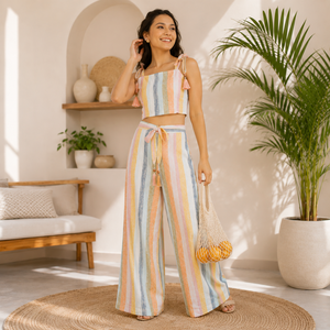 Ensemble deux pièces haut court sans manches à col halter et volants en coton uni de qualité supérieure pour femme, avec pantalon large à franges, style bohème printemps-été - Product Image 3