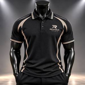 Polo à manches courtes pour homme Noir avec rayures beiges Logo brodé Séchage rapide Coupe classique Style sportif tricoté - Product Image 1