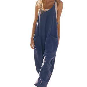 Custom Women's Navy Sleeveless V-Neck Sporty <b>Jumpsuit</b> Side <b>Pockets</b> Full Length Lightweight Eco-Friendly Summer Wear 100% Cotton - Product Image 2