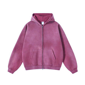 Sudadera con capucha pesada, lisa, reversible, con efecto desgastado por el sol, estilo vintage, con cremallera, de felpa 100% algodón lavado, 450 g/m² - Product Image 1