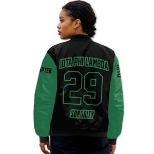 Veste universitaire personnalisée pour femmes Iota Phi Lambda, mélange noir et vert émeraude, avec écusson à lettres grecques et fermeture éclair arrière, style bomber - Product Image 2