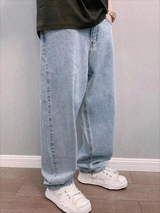 Jeans Rectos de Corte Regular para Hombre, Talla Grande, Color Azul Claro, Estilo Casual Urbano con Cintura Ajustable con Cordón - Product Image 5
