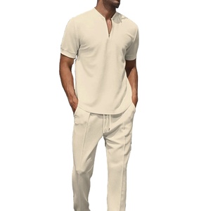 2025 nuevo conjunto de verano para hombre Youth Waffle cuello plano cremallera de color sólido manga corta de color sólido + Pantalones que combinan con todo casual - Product Image 3