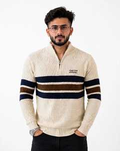 Pull tricoté à capuche zippé pour homme avec motif rayé 100% polyester respirant pour le printemps - Product Image 5