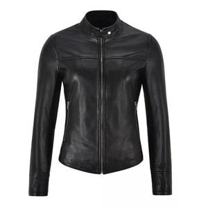 Women's Black Genuine <b>Leather</b> Moto <b>Jacket</b> Full Sleeve Stand Collar Zipper Closure Autumn Style - Product Image 5