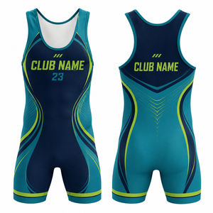 Débardeur de lutte personnalisé une pièce à imprimé numérique, coupe ample, séchage rapide, en Spandex et Polyester, pour homme adulte, motif bleu marine, vert sarcelle et vert lime - Product Image 1
