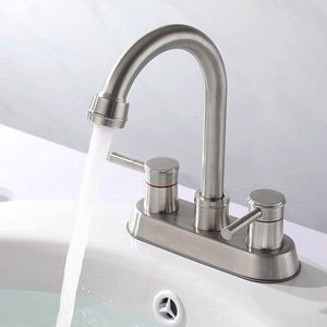 Rubinetto da Bagno ad Arco Alto con 3 Fori, Scarico Lavello in Nichel Spazzolato e Tubo Flessibile in Acciaio Inossidabile, Rubinetto Scarico Lavello a Scomparsa - Product Image 5