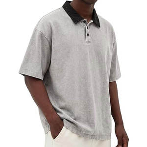 Polo vintage oversize pour homme en coton délavé, coupe épaules tombantes, style streetwear tendance, confortable, ample et décontracté, doux - Product Image 3