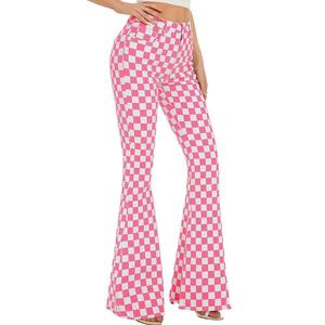 Pantalon évasé à carreaux rose et blanc pour femme, taille haute, coupe ample, décontracté, longueur intégrale, avec poches et fermeture boutonnée - Product Image 6