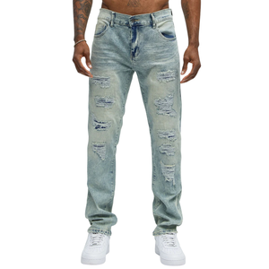 <b>Mens</b> Light Blue Distressed Denim <b>Jeans</b> Regular Fit <b>Ripped</b> Five Pocket Casual Pants Vintage Washed Streetwear Fashion Trousers - Product Image 1