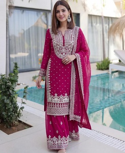 Conjunto de traje indio pakistaní de georgette rosa bordado con salwar kameez y dupatta, atuendo para bodas y fiestas para mujer, ropa étnica. - Product Image 1