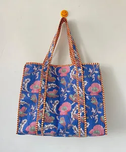 Bolsa de Mano de Algodón Azul Acolchada Premium con Estampado Floral Hecho a Mano, Bolsa de Compras Ligera, Bolso de Hombro para Mujer - Product Image 4