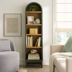 Juliet Narrow Arch <b>Bookcase</b> in Deep Green and Light Honey <b>Solid</b> <b>Wood</b> Space-Saving Home Office Furniture - Product Image 1