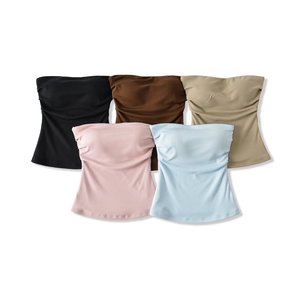 Women's Brown <b>Strapless</b> Knitted Tank <b>Top</b> Solid Color Minimalist Style Regular Length Spandex Cotton Blend - Product Image 3