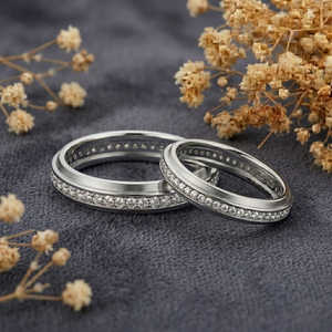 Bagues de mariage classiques en or blanc 14 carats avec diamants, sertissage pavé, taille brillant rond, unisexes, pour les occasions de mariage - Product Image 2