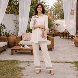 Women's <b>White</b> Embroidered Cotton <b>Set</b> Three Quarter Sleeve Long Pants Casual Floral Design V-neck Loose Fit Spring Summer Wear - Product Image 1