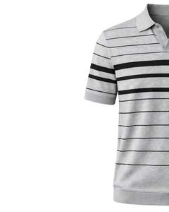 เสื้อโปโลชายลายทางสีเทาและดำ แขนสั้น ชายเสื้อแบบริบ ทรงเข้ารูป สไตล์ลำลอง ผลิตจากผ้าฝ้ายผสม รับผลิตตามแบบ OEM - Product Image 3