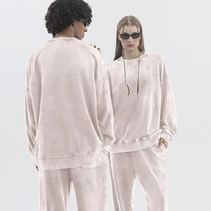 Ensemble sweat-shirt oversize à col rond délavé et pantalon baggy 100 % coton brodé, style streetwear vintage automne - Product Image 3