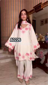 Elegant White Silk Salwar Kameez With Blue Dupatta Embroidered Ankle-Length Women's <b>Wedding</b> Wear India Pakistan Regular Fit - Product Image 5