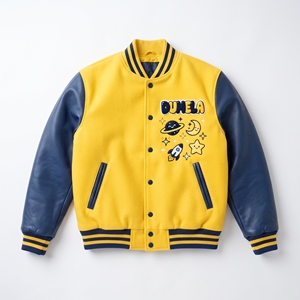 เสื้อแจ็คเก็ตวาร์ซิตี้สีเหลืองสำหรับผู้ชาย Dumela พร้อมลายปักการ์ตูน แขนหนัง PU ทรงปกติ สวมใส่สบาย เหมาะสำหรับฤดูใบไม้ร่วง - Product Image 1