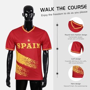 Maillot de football d'Espagne unisexe, col en V, manches courtes, rouge et jaune, impression sublimée, évacuation de l'humidité, nom d'équipe personnalisé, 100% sport - Product Image 2
