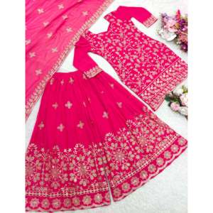 Conjunto de Top y Pantalones Palazzo Rosa Oscuro para Mujer con Dupatta Elegante, Talla L, para Fiestas - Product Image 3