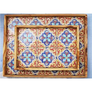 Handmade Mediterranean Enameled Tile Inlay Solid Wood Serving <b>Tray</b> Set Decorative Turkish Style Rectangular Wooden Food <b>Trays</b> - Product Image 1